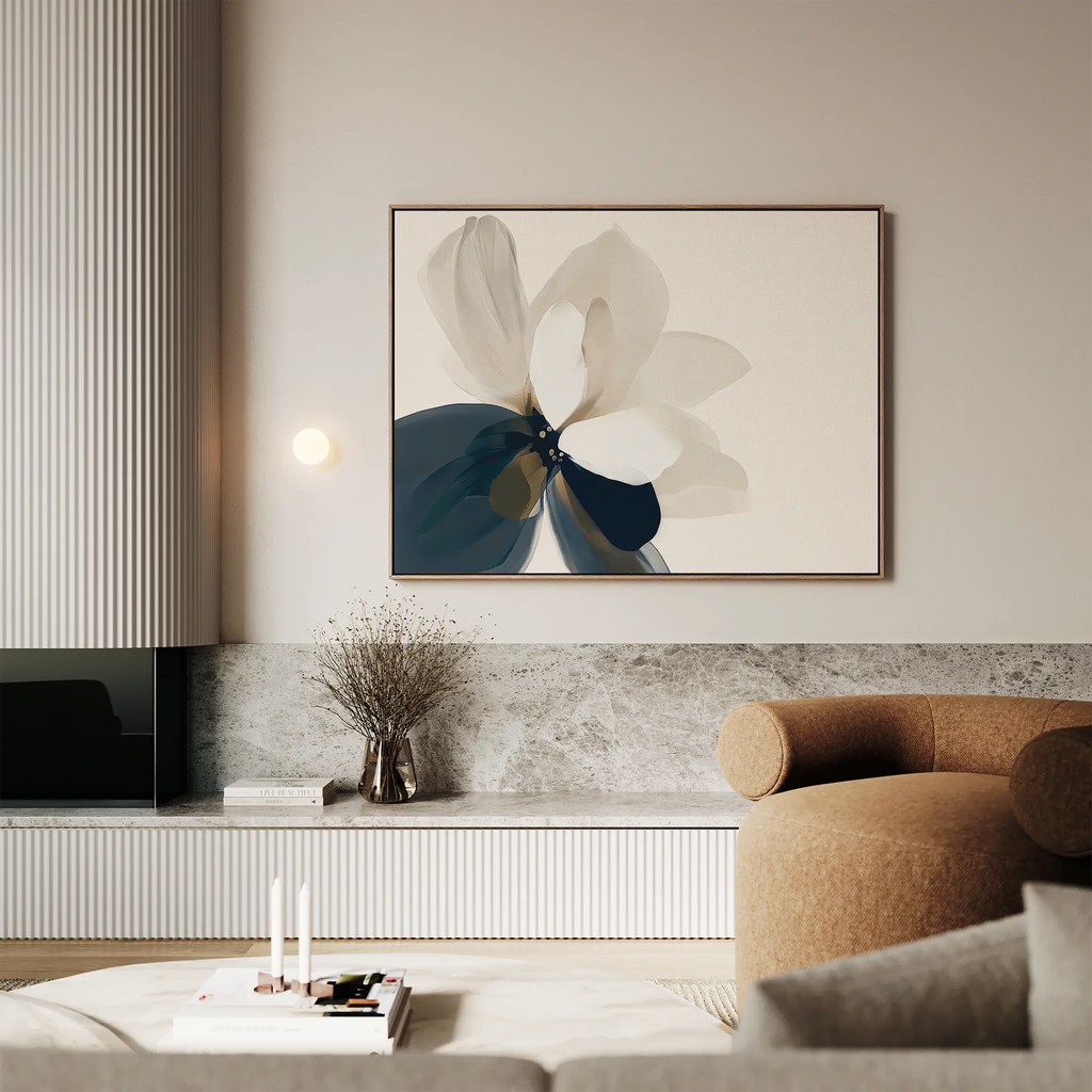 Petals in Hushed Light – blue botanical canvas wall art print by Aspire Prints