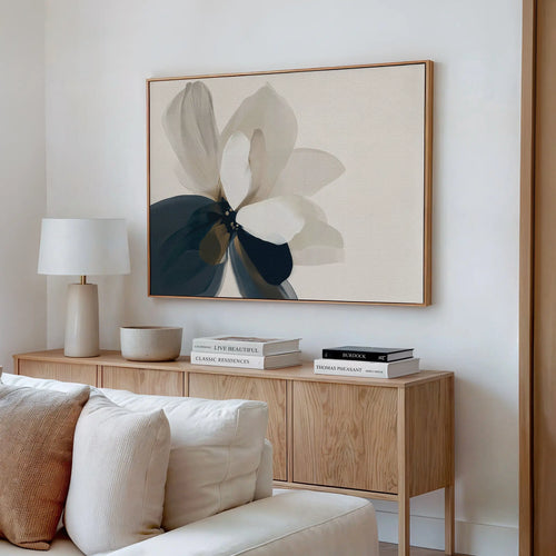 Petals in Hushed Light – blue botanical canvas wall art print by Aspire Prints