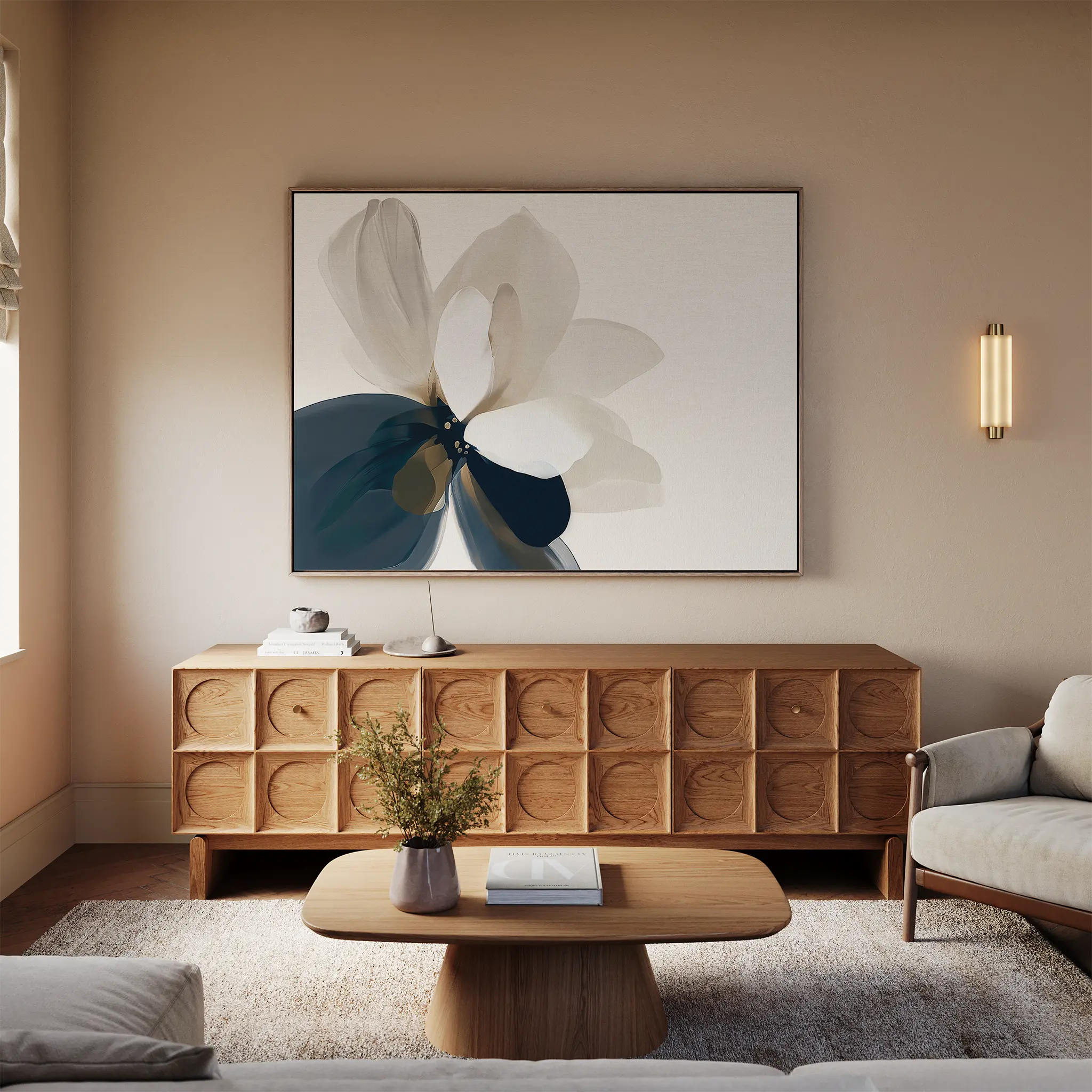 Petals in Hushed Light – blue botanical canvas wall art print by Aspire Prints