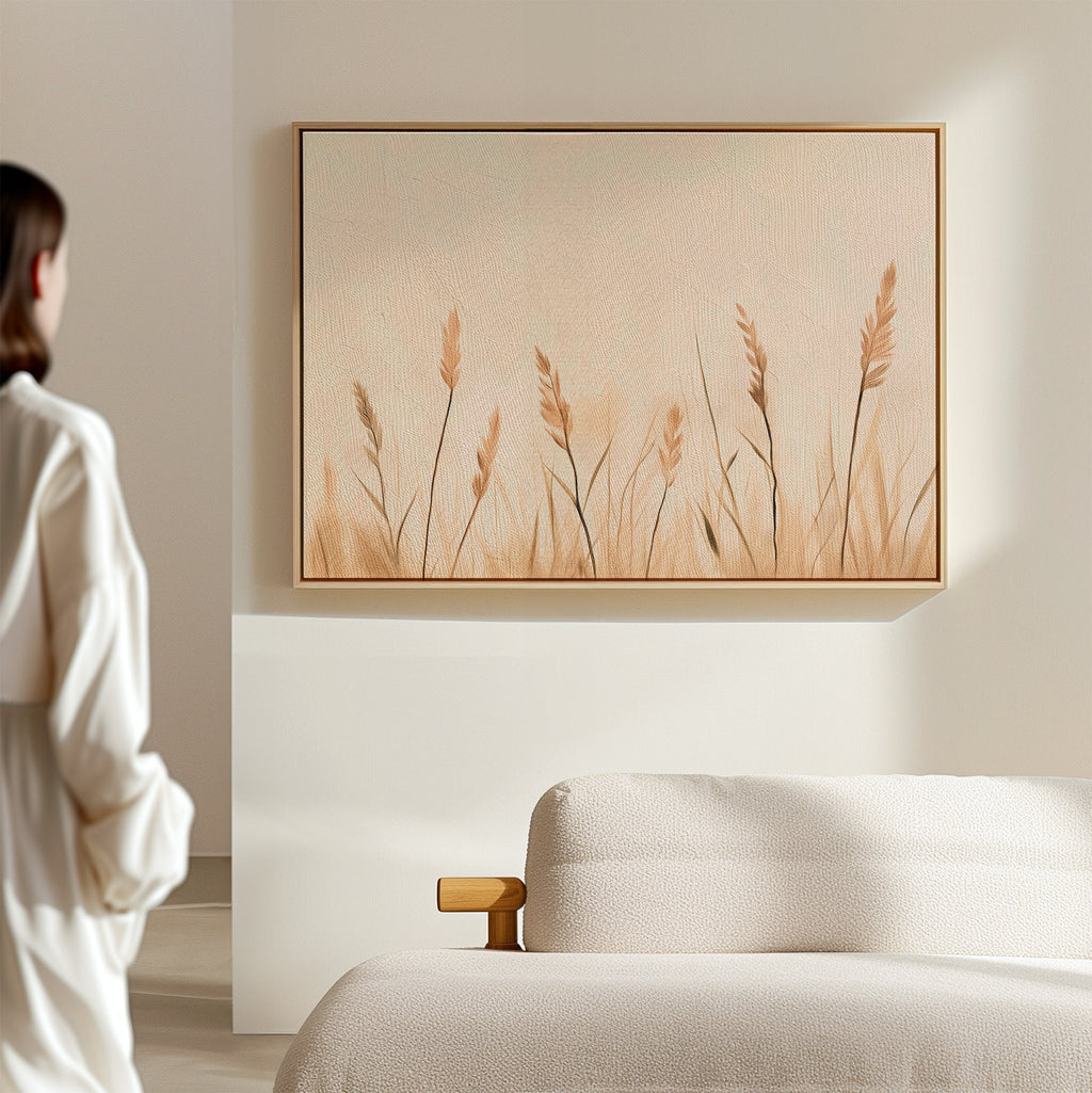 Whispering Reeds – beige and white botanical canvas wall art print by Aspire Prints