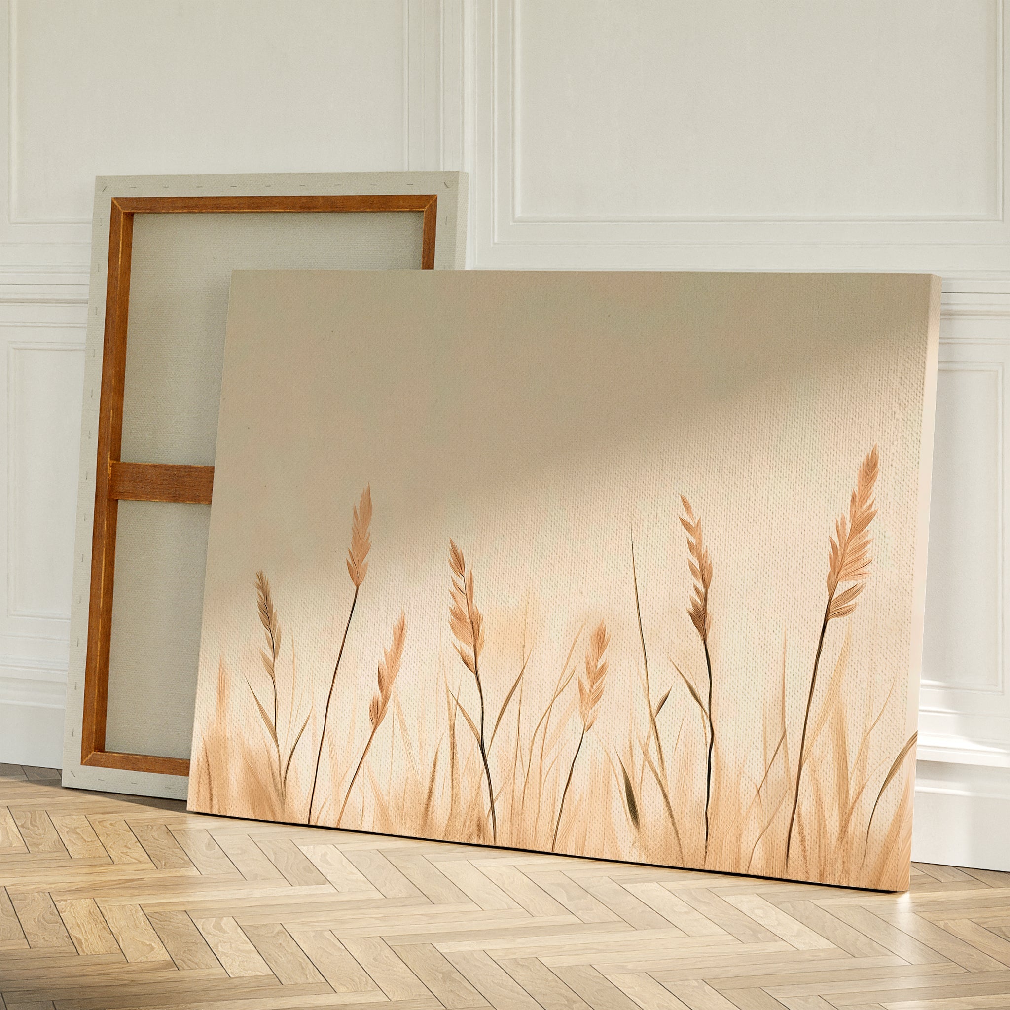 Whispering Reeds – beige and white botanical canvas wall art print by Aspire Prints