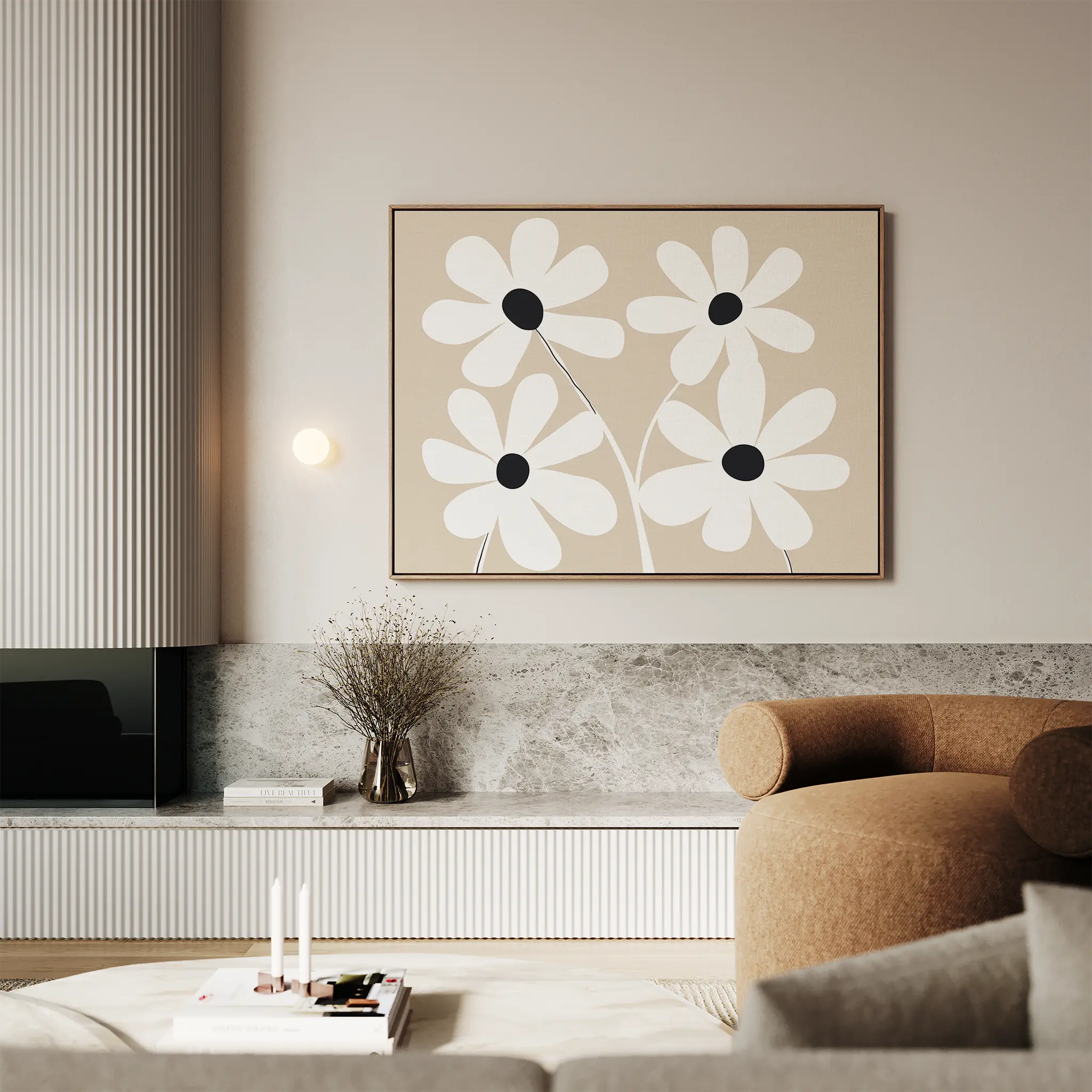 Petals in Quiet Bloom – beige and white botanical canvas wall art print by Aspire Prints