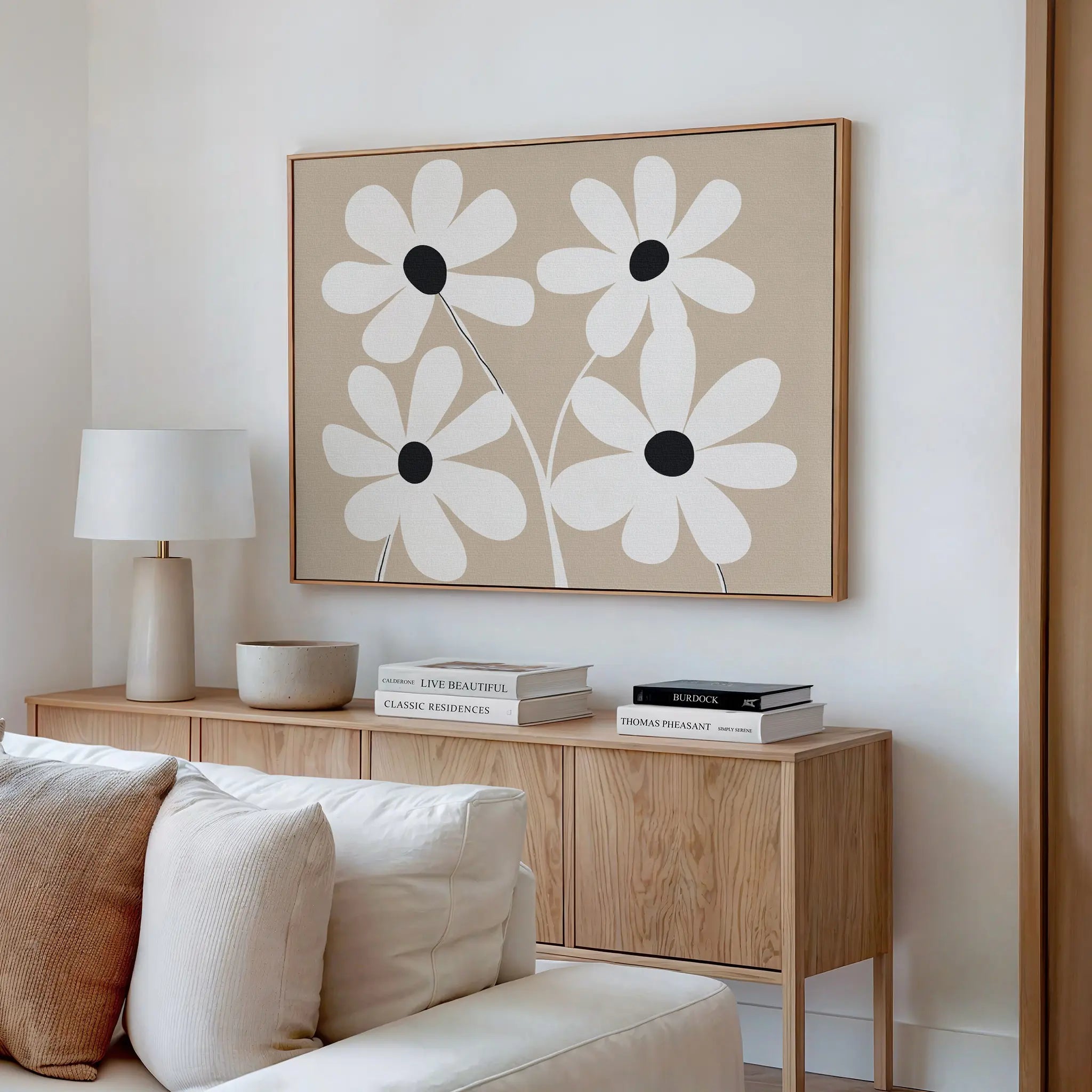 Petals in Quiet Bloom – beige and white botanical canvas wall art print by Aspire Prints