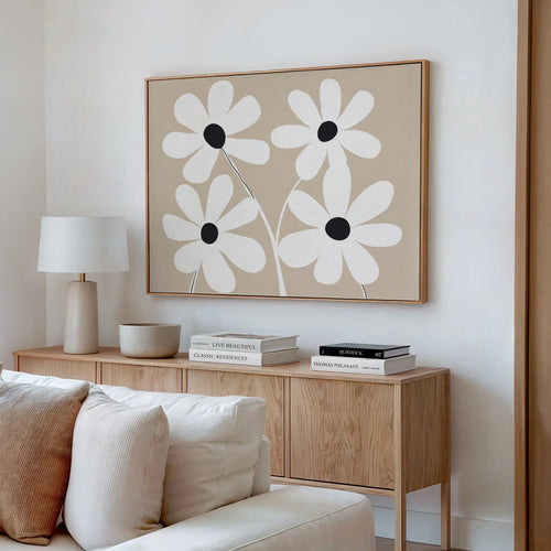 Petals in Quiet Bloom – beige and white botanical canvas wall art print by Aspire Prints