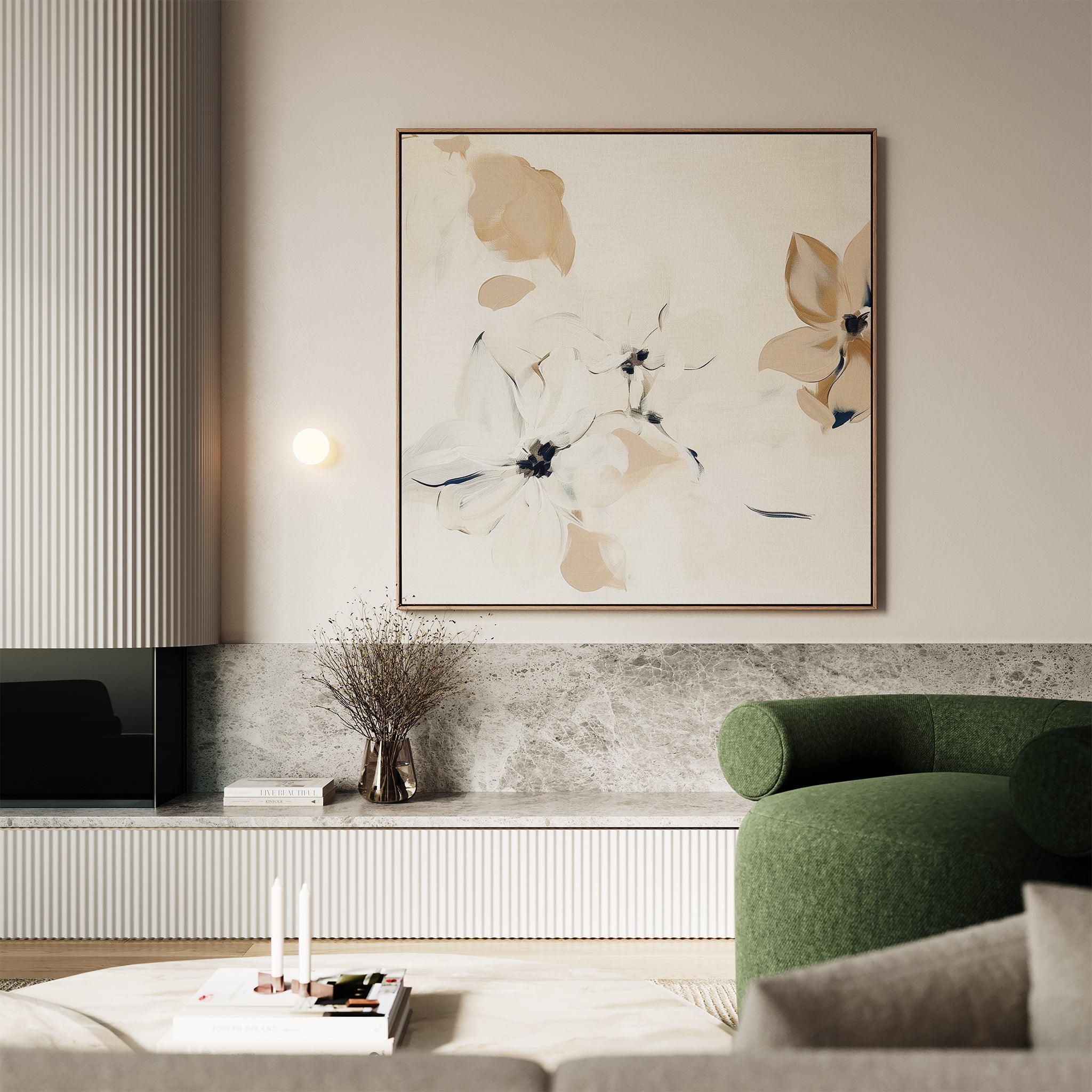 Petals in Hush – beige and white botanical canvas wall art print by Aspire Prints