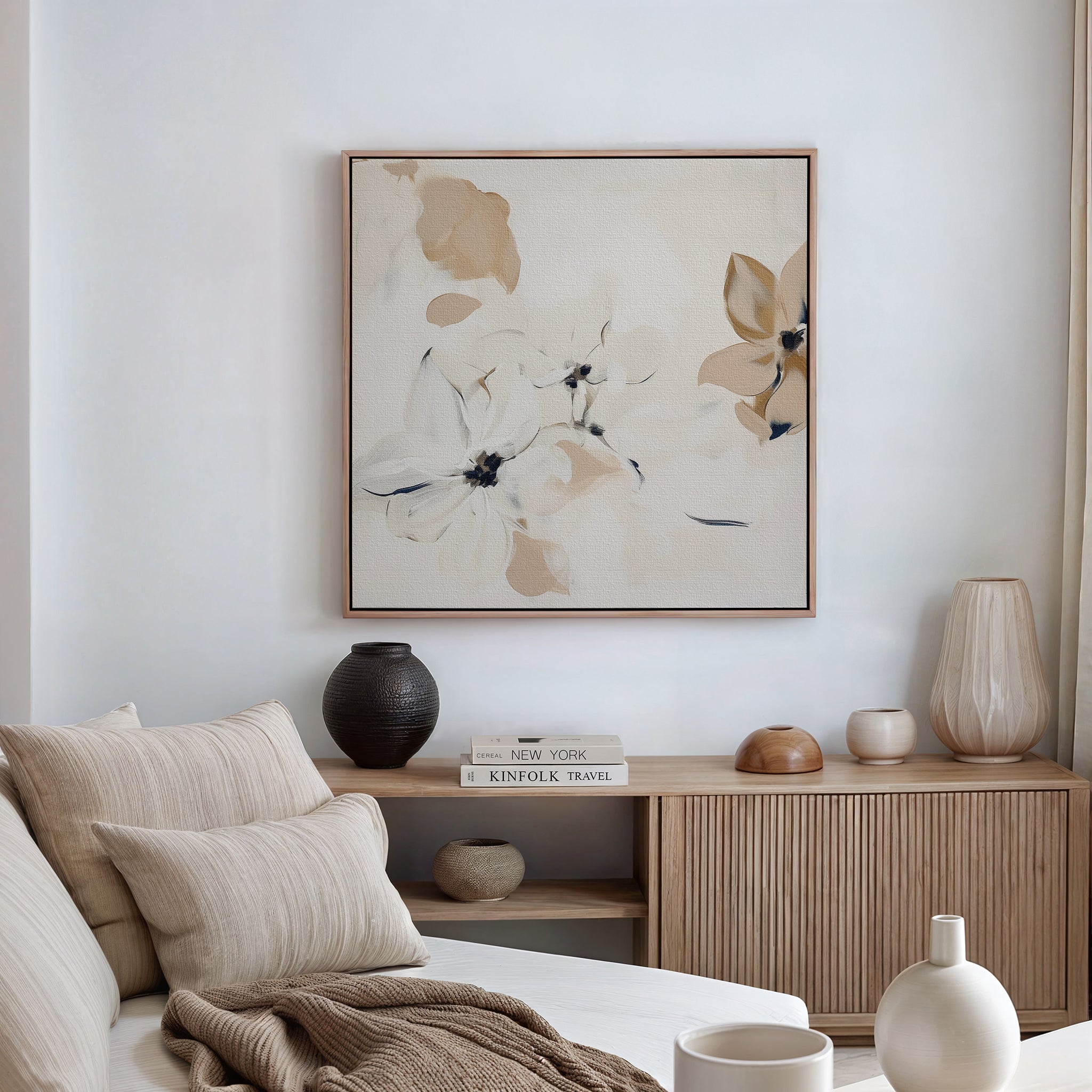 Petals in Hush – beige and white botanical canvas wall art print by Aspire Prints