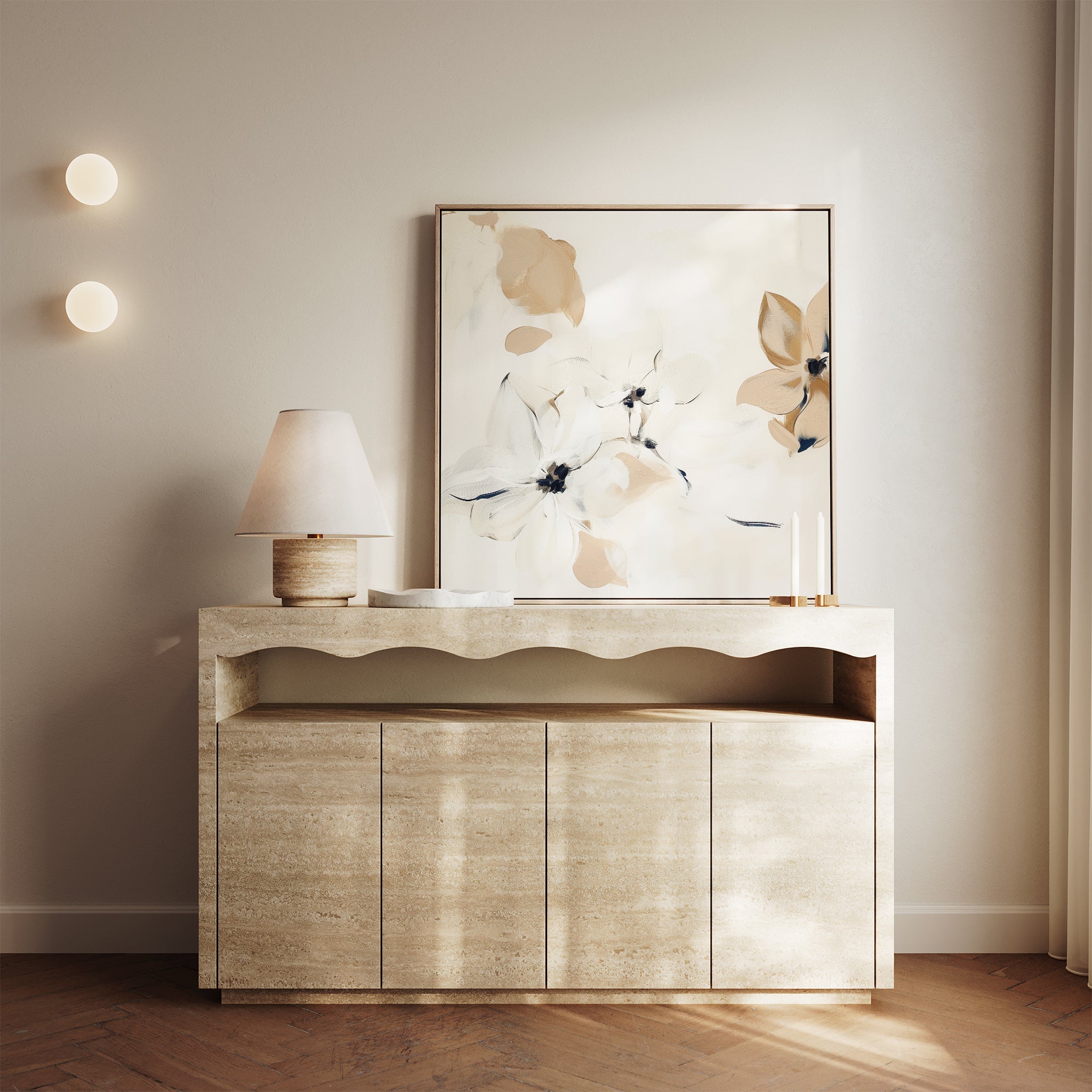 Petals in Hush – beige and white botanical canvas wall art print by Aspire Prints