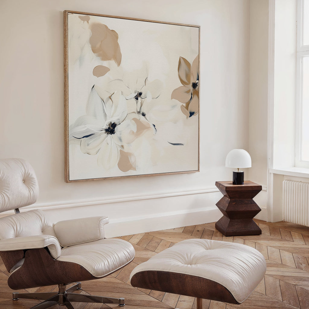 Petals in Hush – beige and white botanical canvas wall art print by Aspire Prints