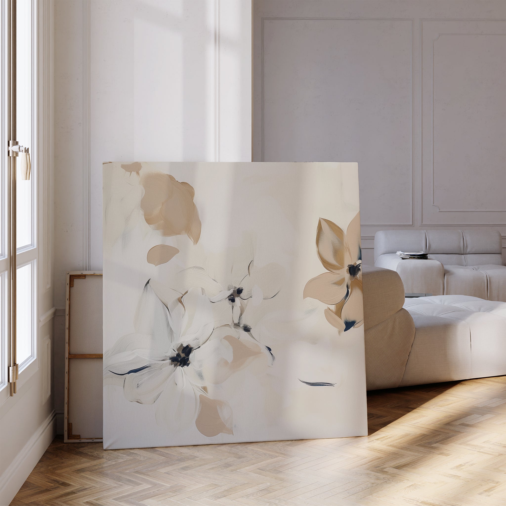 Petals in Hush – beige and white botanical canvas wall art print by Aspire Prints