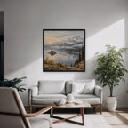 Alpine Lake Island Canvas Art - Square – Black Floating Frame in room setting