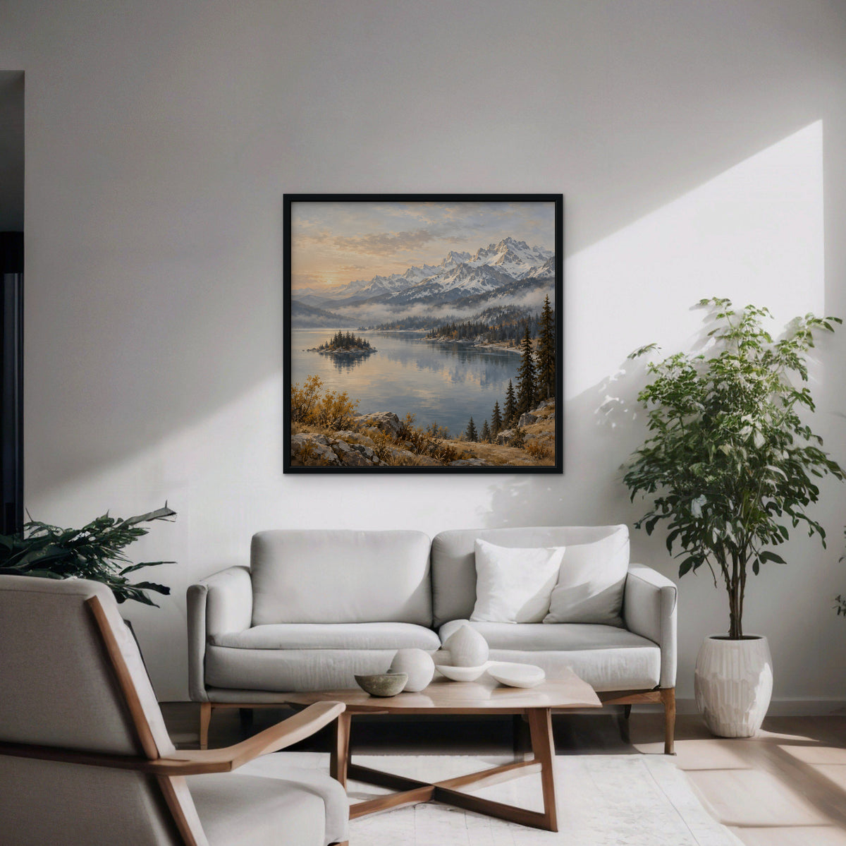 Alpine Lake Island Canvas Art - Square – Black Floating Frame in room setting