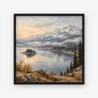 Alpine Lake Island Canvas Art - Square – Black Floating Frame on white background