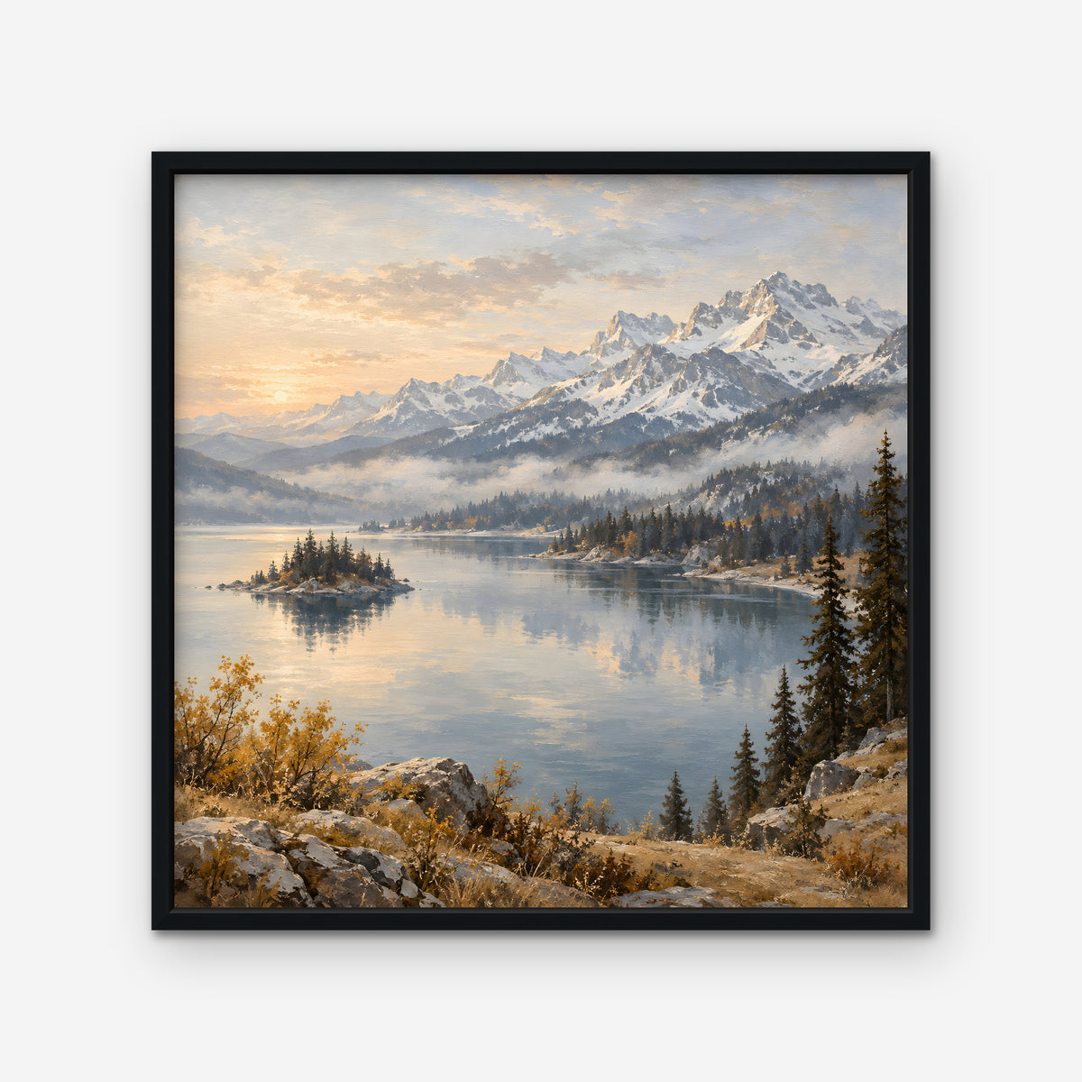 Alpine Lake Island Canvas Art - Square – Black Floating Frame on white background