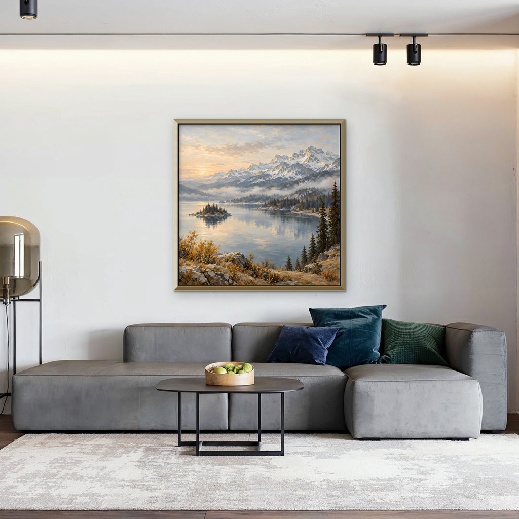 Alpine Lake Island Canvas Art - Square – Gold Floating Frame in room setting