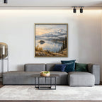 Alpine Lake Island Canvas Art - Square – Gold Floating Frame in room setting