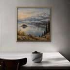 Alpine Lake Island Canvas Art - Square – Gold Floating Frame in room setting