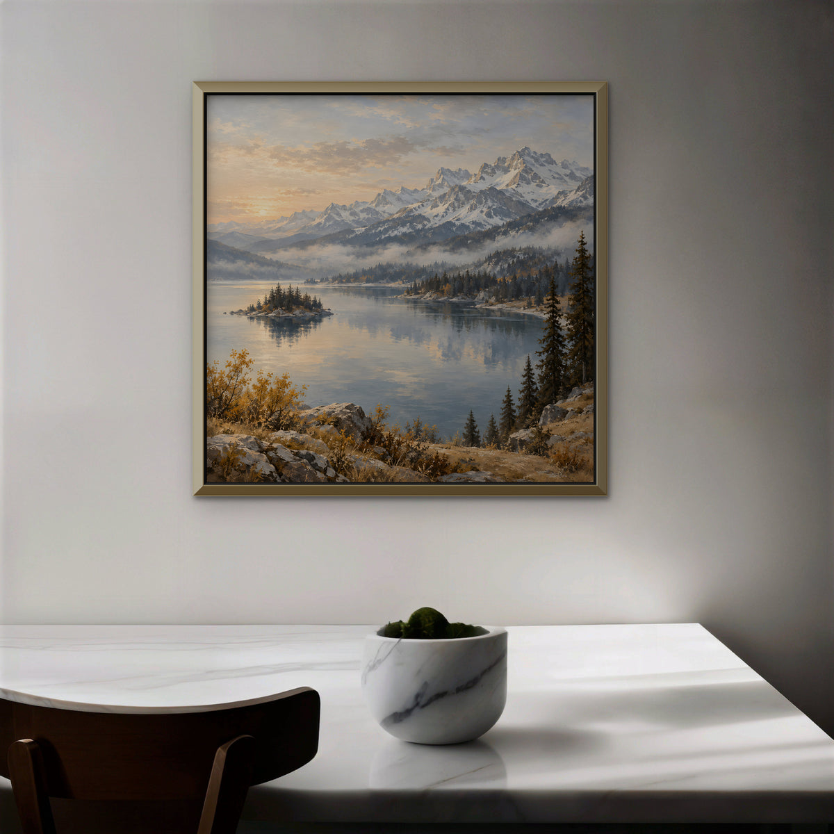 Alpine Lake Island Canvas Art - Square – Gold Floating Frame in room setting