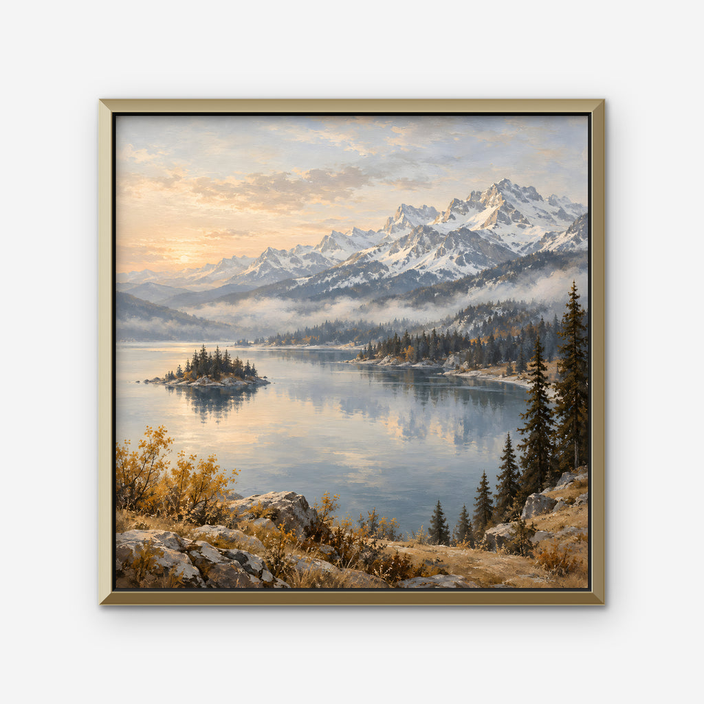 Alpine Lake Island Canvas Art - Square – Gold Floating Frame on white background