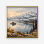 Alpine Lake Island Canvas Art - Square – Gold Floating Frame on white background