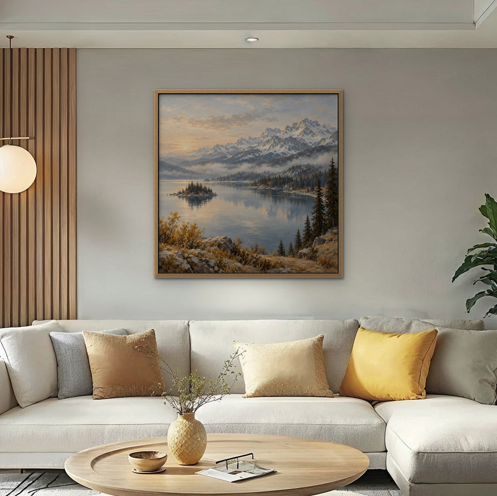 Alpine Lake Island Canvas Art - Square – Oak Floating Frame in room setting