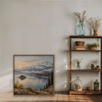 Alpine Lake Island Canvas Art - Square – Oak Floating Frame in room setting