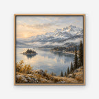 Alpine Lake Island Canvas Art - Square – Oak Floating Frame on white background