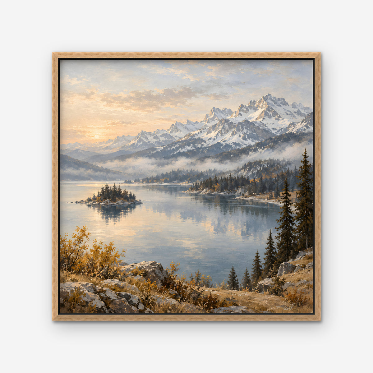 Alpine Lake Island Canvas Art - Square – Oak Floating Frame on white background