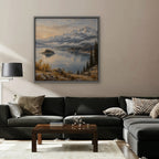 Alpine Lake Island Canvas Art - Square – Silver Floating Frame in room setting