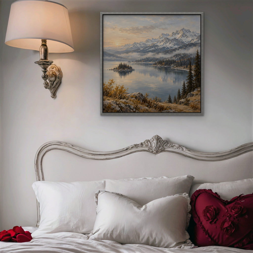 Alpine Lake Island Canvas Art - Square – Silver Floating Frame in room setting