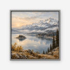 Alpine Lake Island Canvas Art - Square – Silver Floating Frame on white background