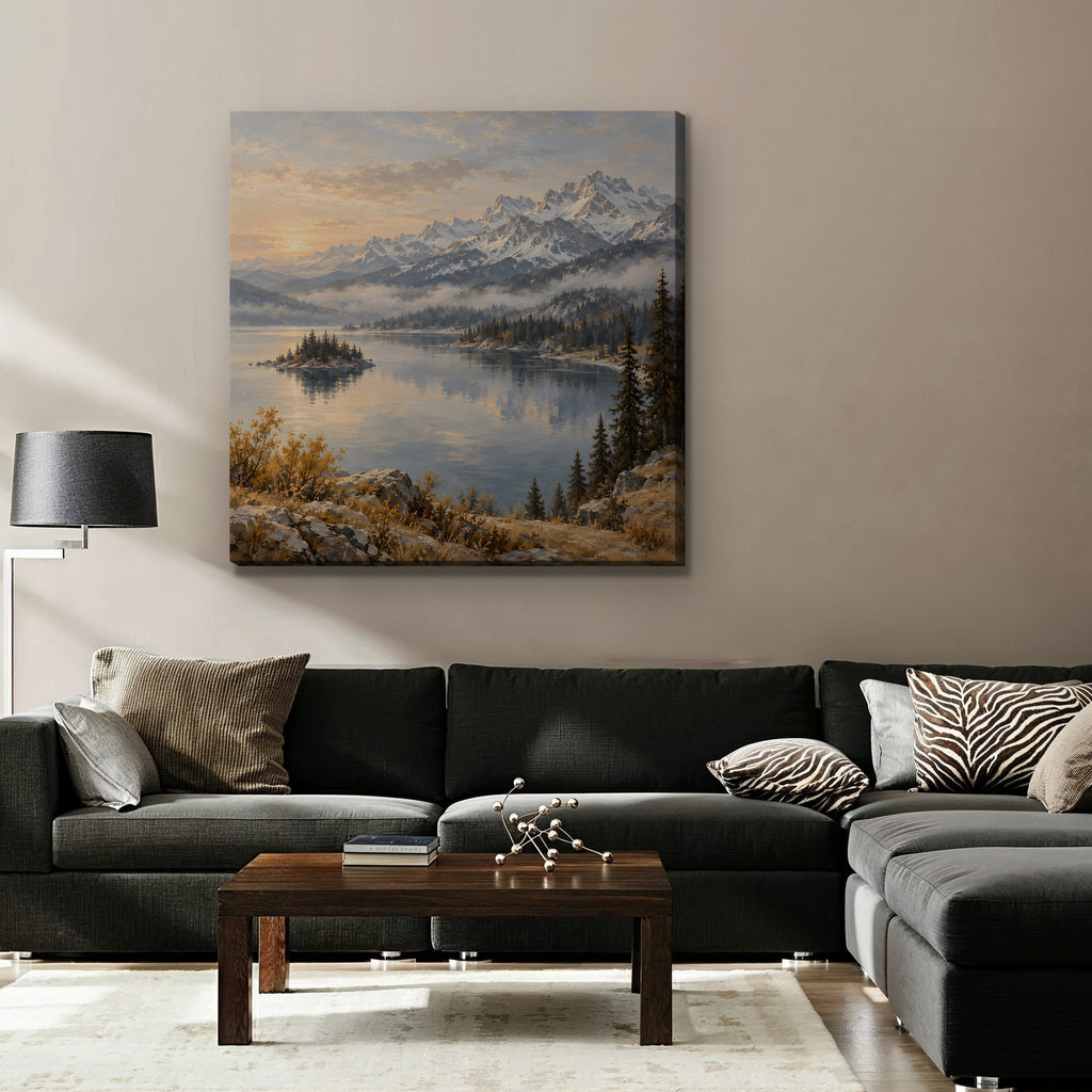 Alpine Lake Island Canvas Art - Square – Stretched Canvas Only in room setting