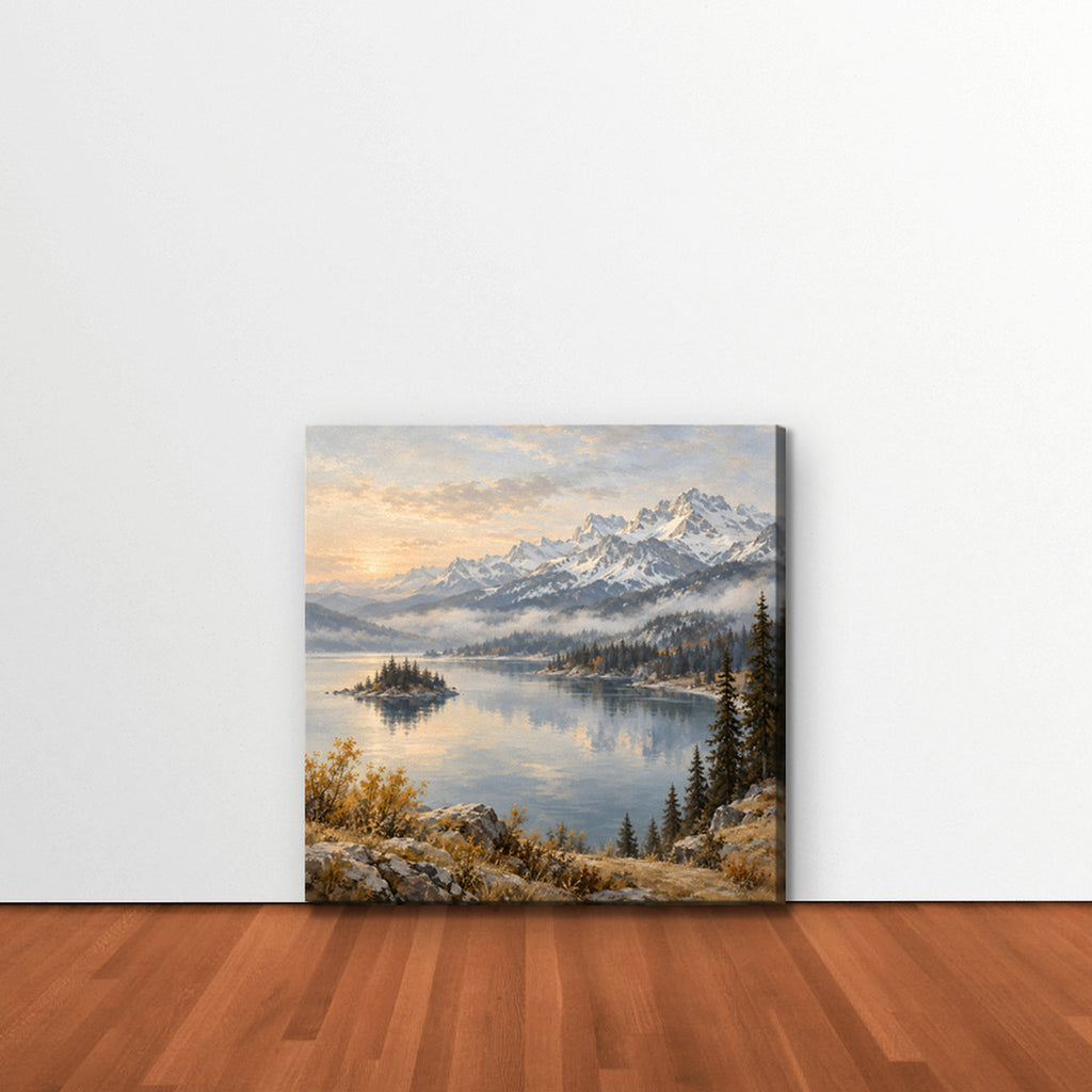 Alpine Lake Island Canvas Art - Square – Stretched Canvas Only in room setting
