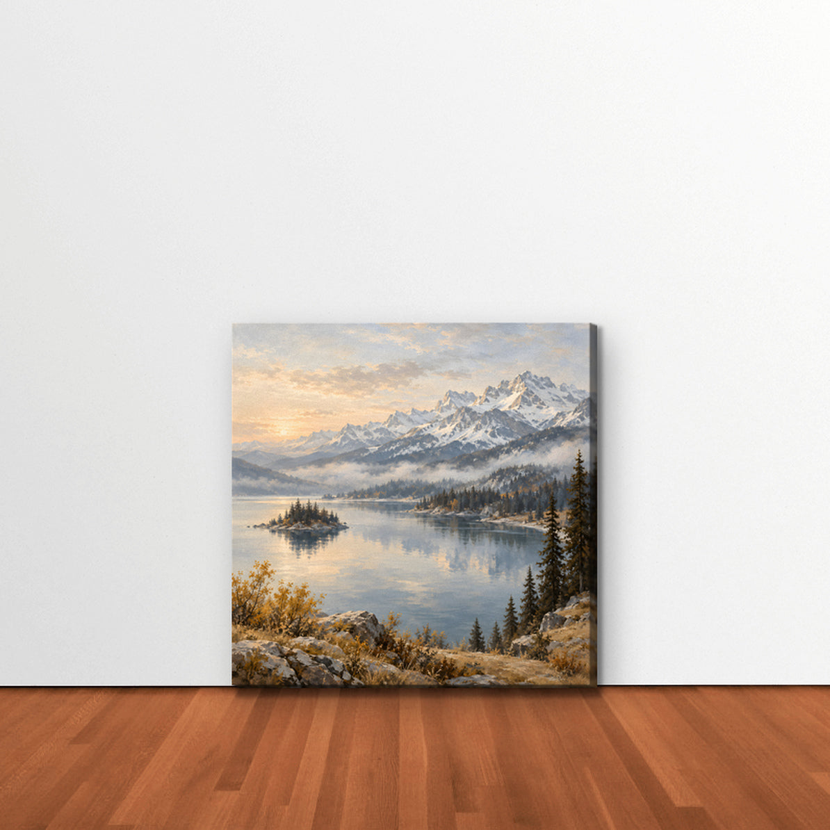 Alpine Lake Island Canvas Art - Square – Stretched Canvas Only in room setting
