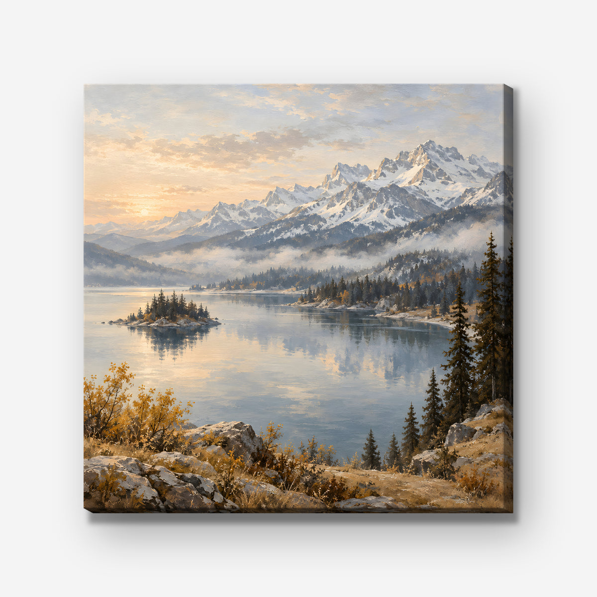 Alpine Lake Island Canvas Art - Square – Stretched Canvas Only on white background