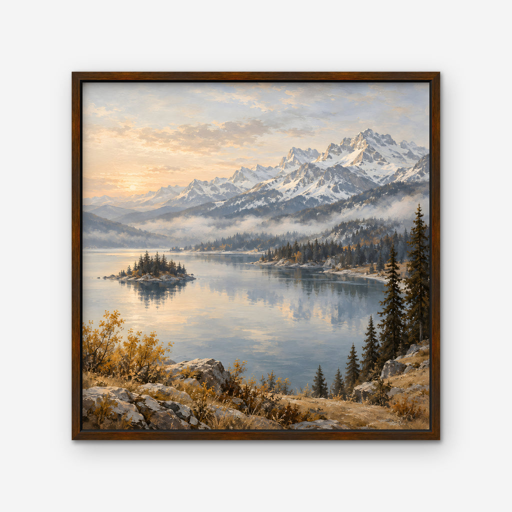 Alpine Lake Island Canvas Art - Square – Walnut Floating Frame on white background