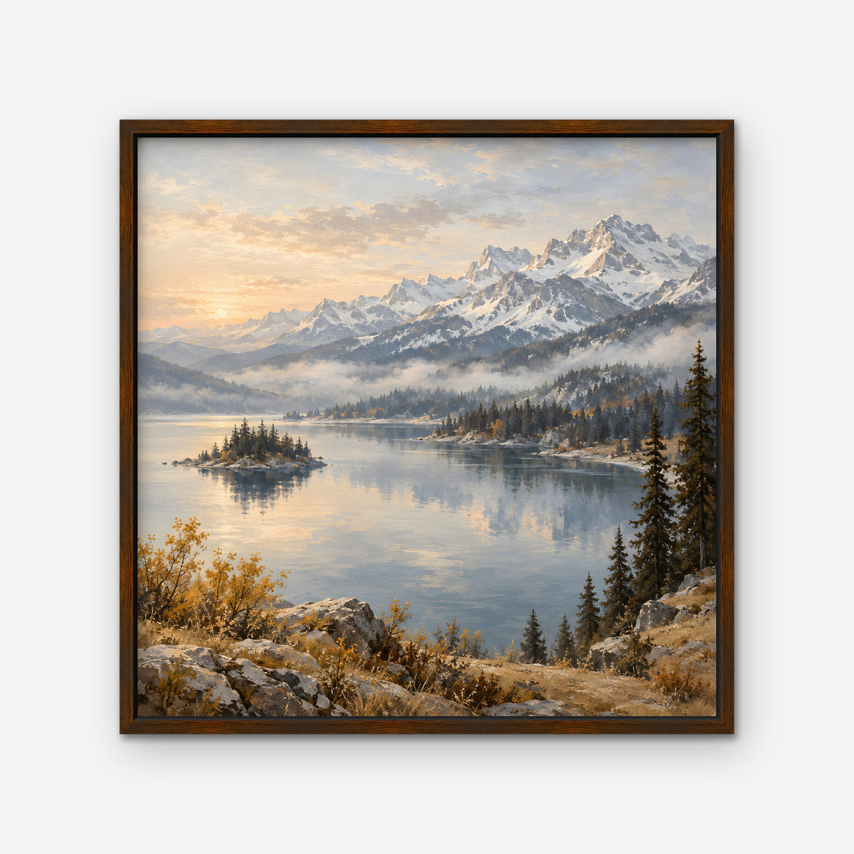 Alpine Lake Island Canvas Art - Square – Walnut Floating Frame on white background