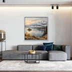 Alpine Lake Island Canvas Art - Square – White Floating Frame in room setting