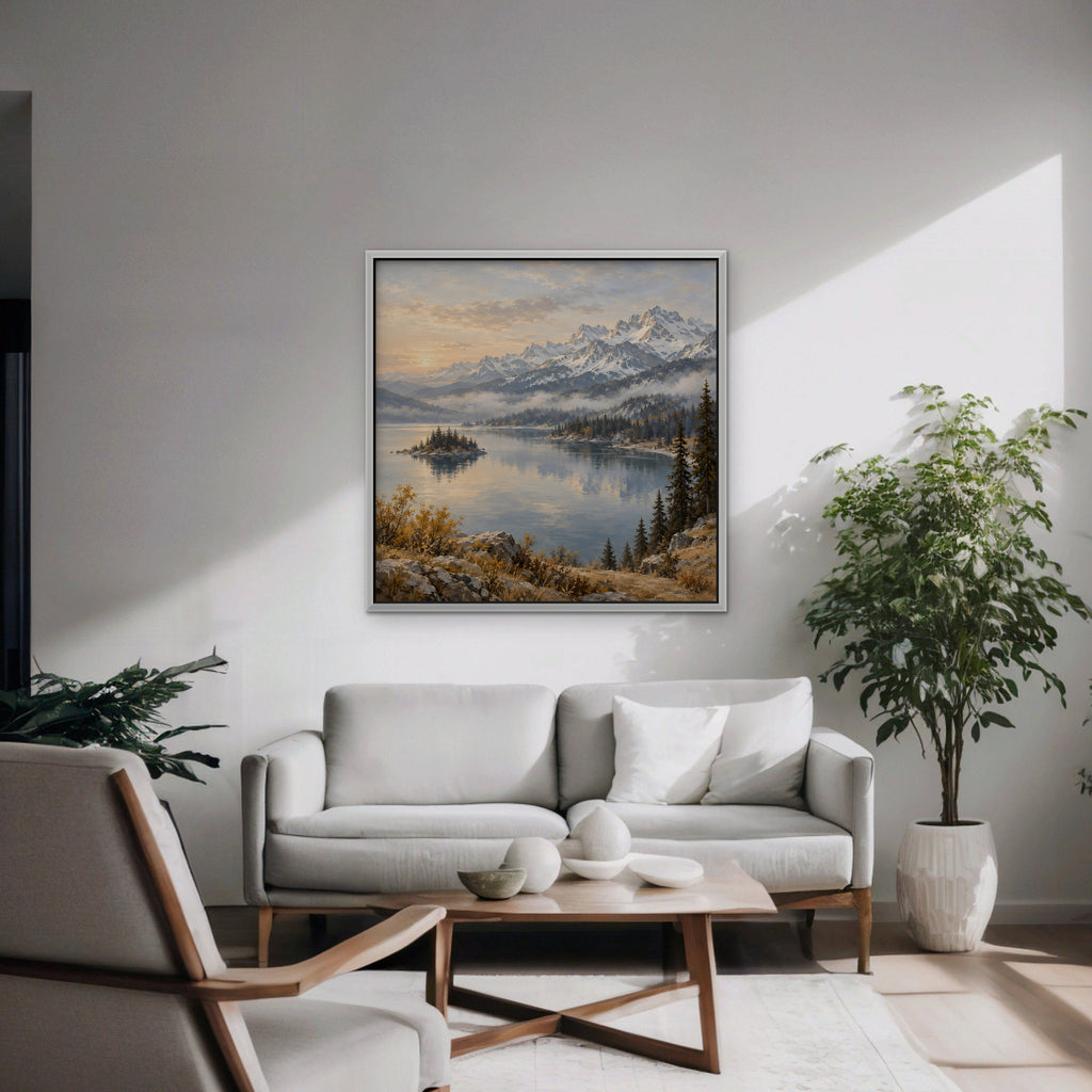 Alpine Lake Island Canvas Art - Square – White Floating Frame in room setting