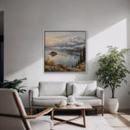 Alpine Lake Island Canvas Art - Square – White Floating Frame in room setting