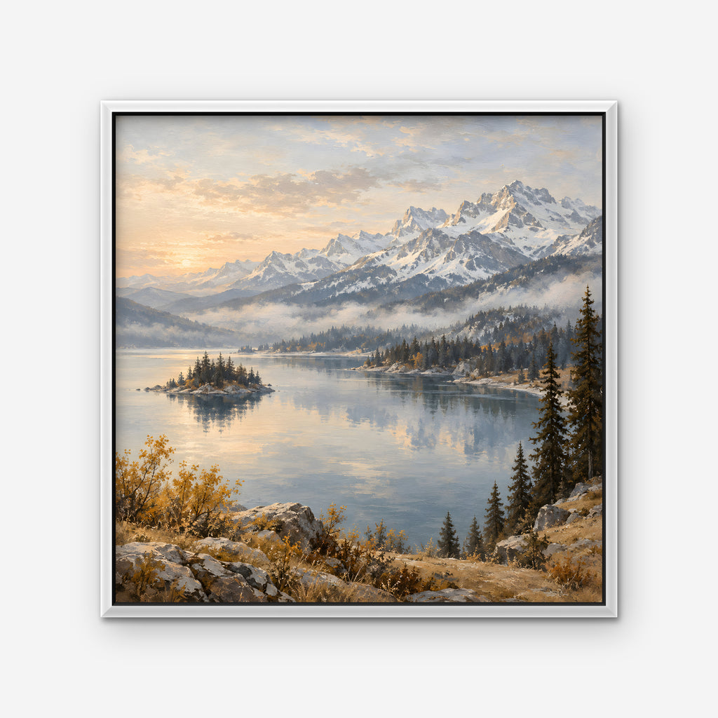 Alpine Lake Island Canvas Art - Square – White Floating Frame on white background