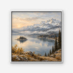 Alpine Lake Island Canvas Art - Square – White Floating Frame on white background