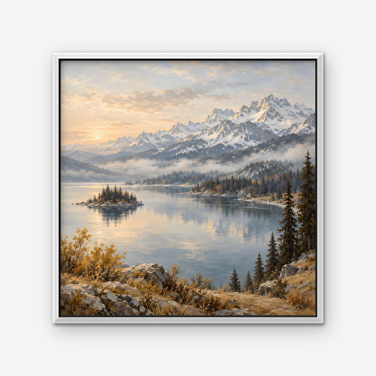 Alpine Lake Island Canvas Art - Square – White Floating Frame on white background