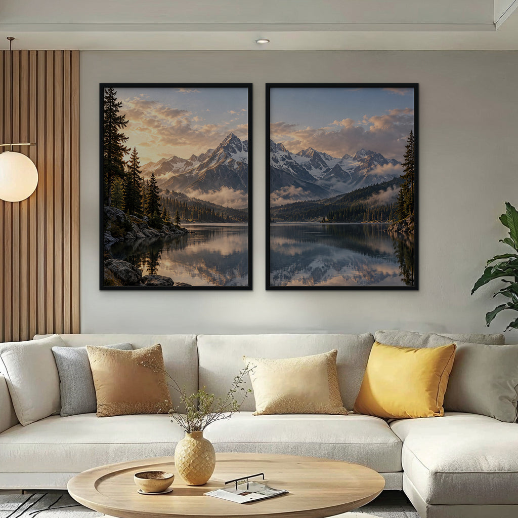 Alpine Reflections Canvas Art - Set of 2 – Black Floating Frame in room setting