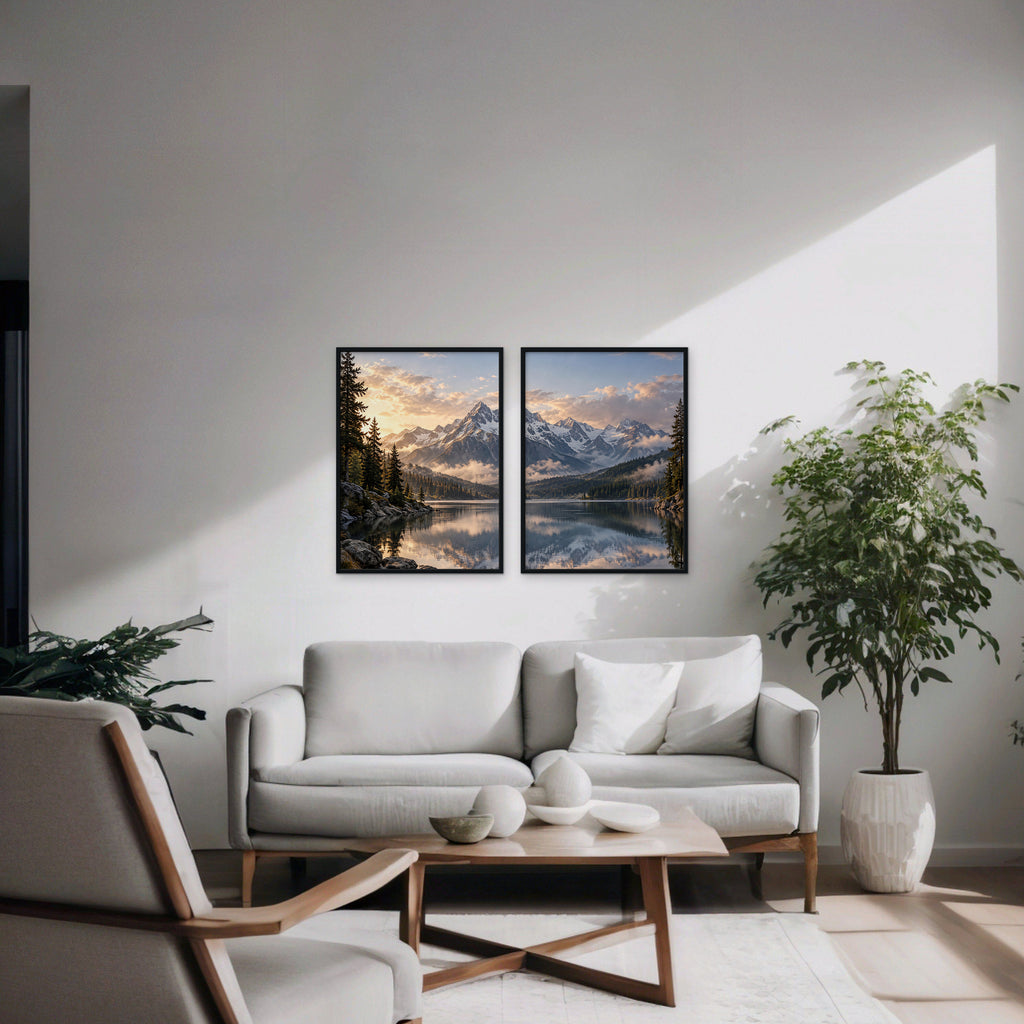 Alpine Reflections Canvas Art - Set of 2 – Black Floating Frame in room setting