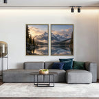 Alpine Reflections Canvas Art - Set of 2 – Gold Floating Frame in room setting