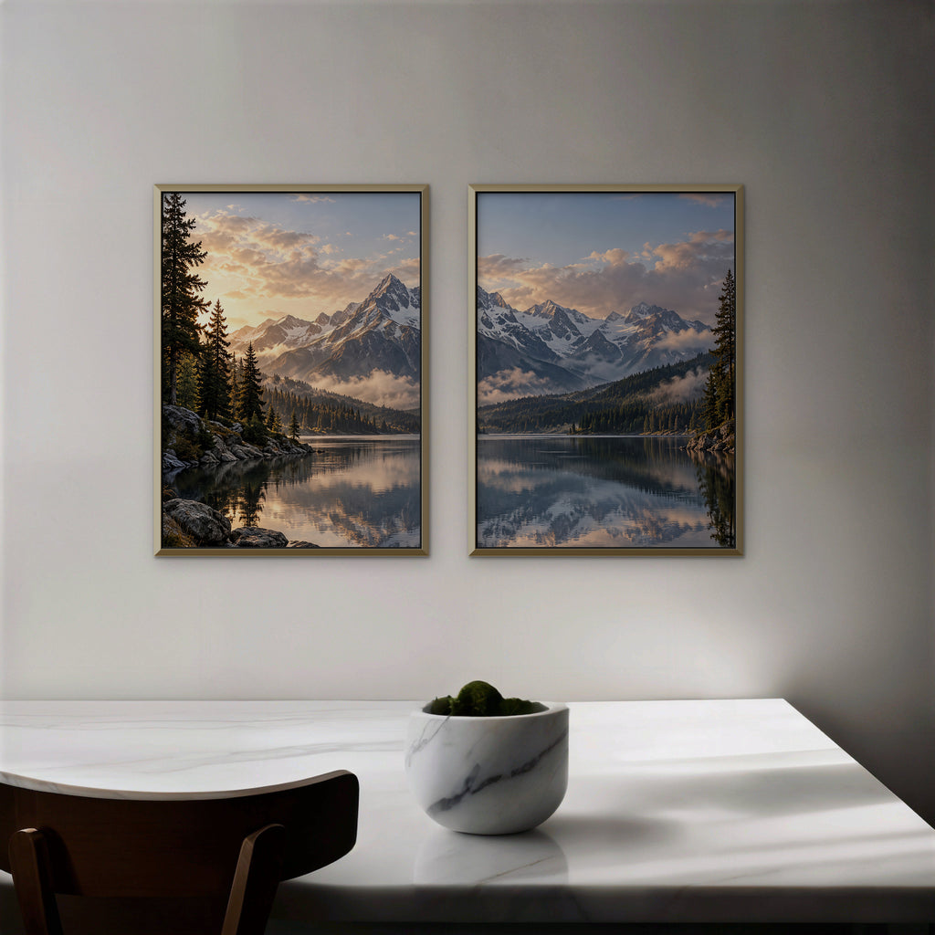 Alpine Reflections Canvas Art - Set of 2 – Gold Floating Frame in room setting