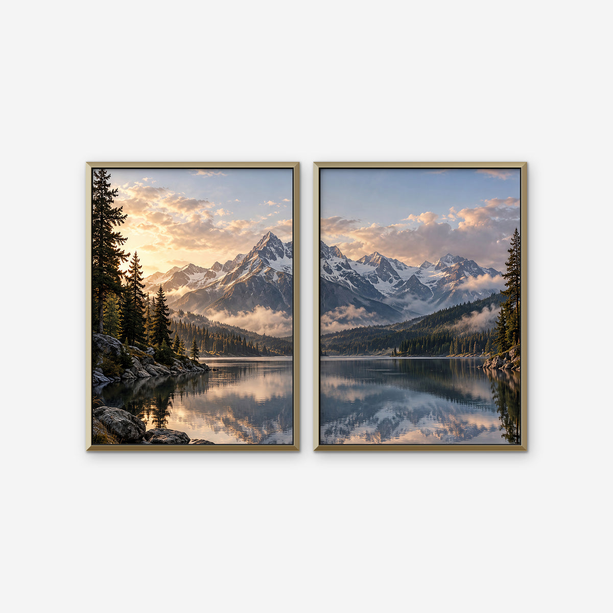 Alpine Reflections Canvas Art - Set of 2 – Gold Floating Frame on white background