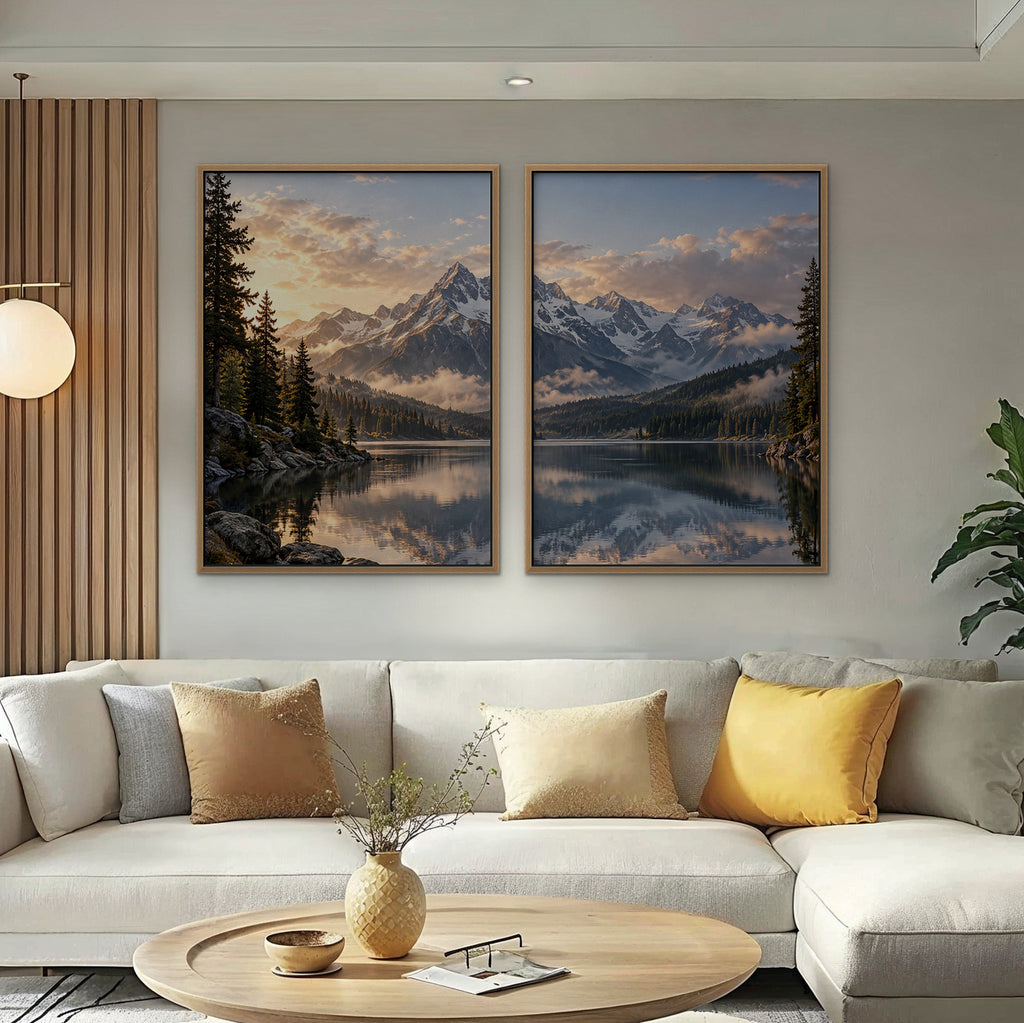Alpine Reflections Canvas Art - Set of 2 – Oak Floating Frame in room setting