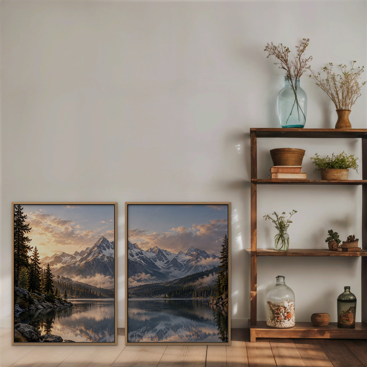Alpine Reflections Canvas Art - Set of 2 – Oak Floating Frame in room setting