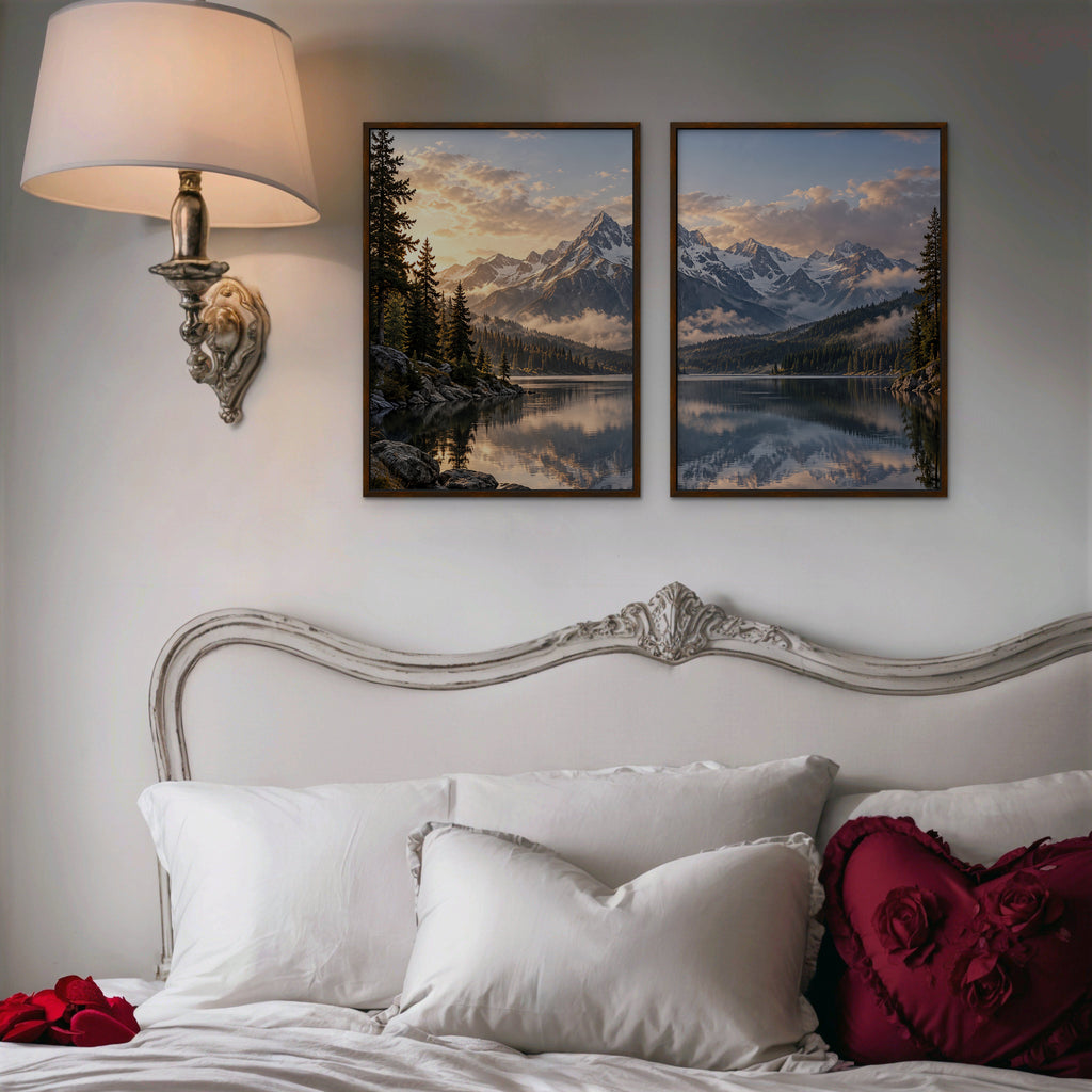 Alpine Reflections Canvas Art - Set of 2 – Walnut Floating Frame in room setting